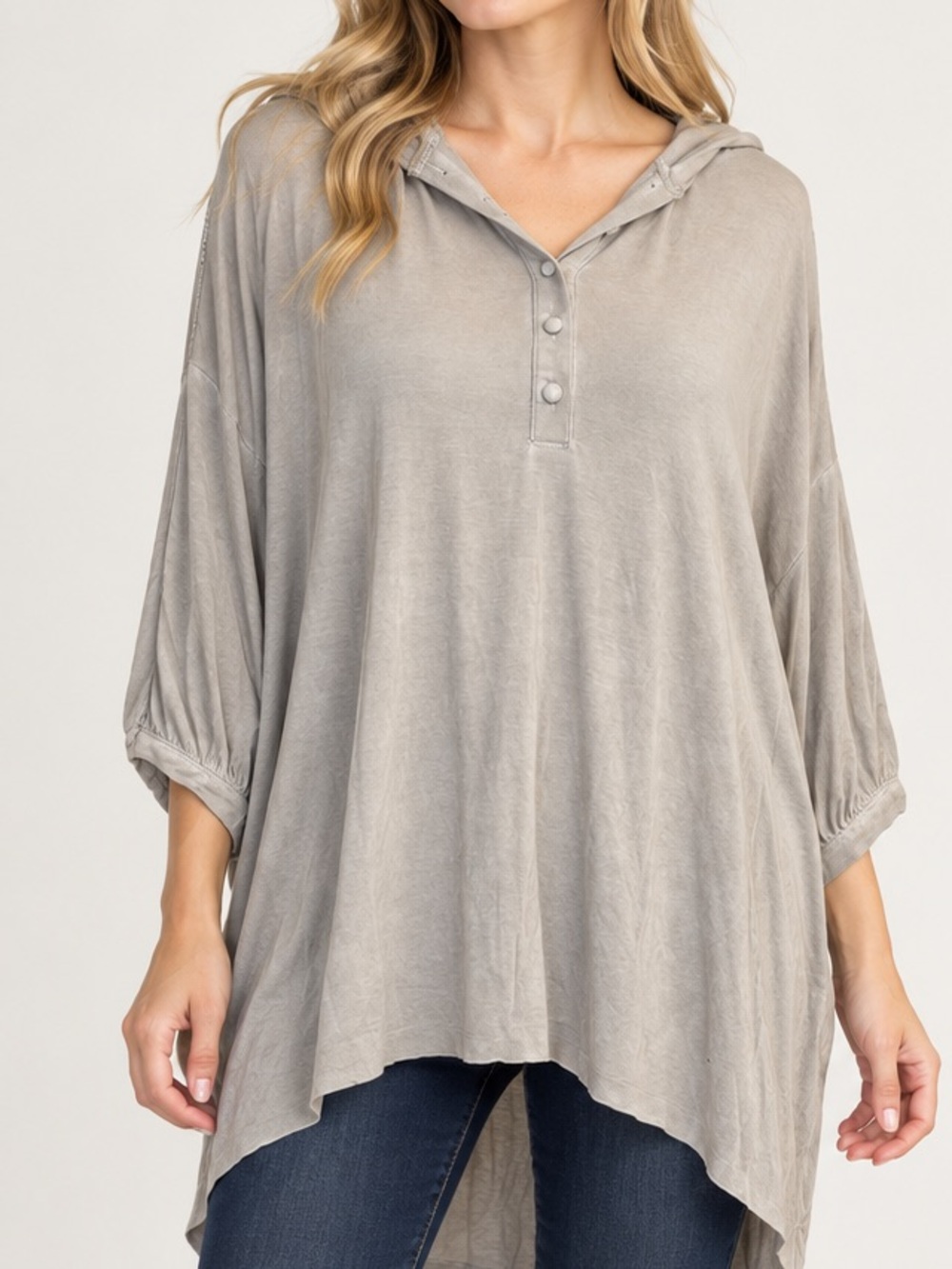 POL Hooded Tunic Top Gray Taupe Lace Back Button Front Boho Size M